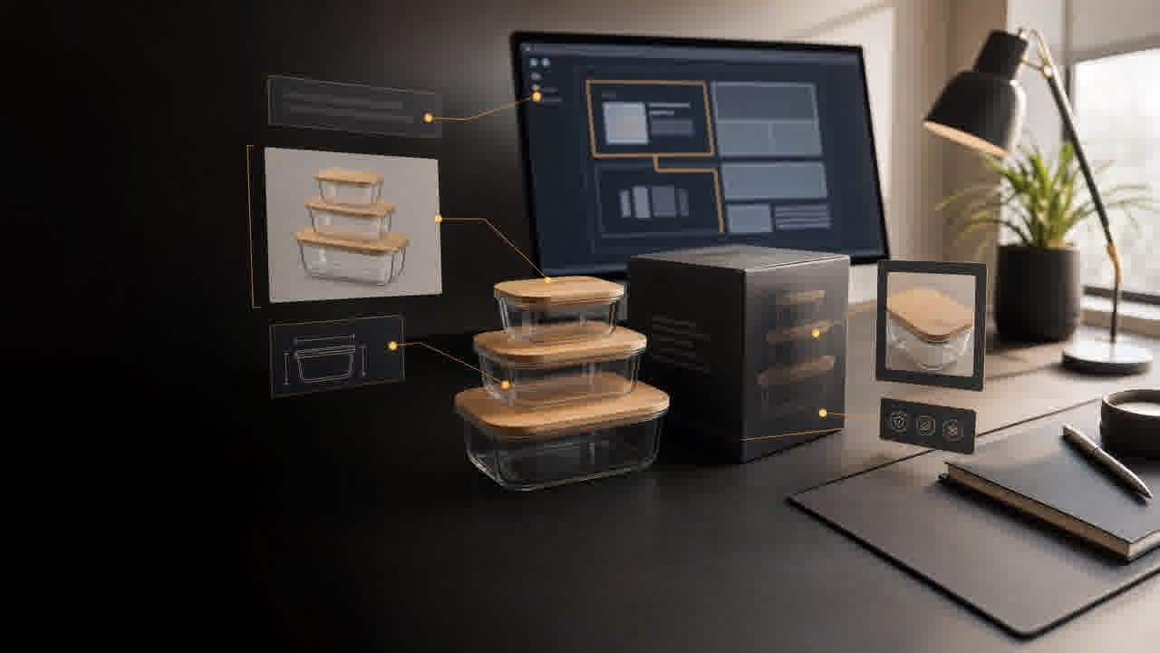 Product designer reviewing glass containers on screen